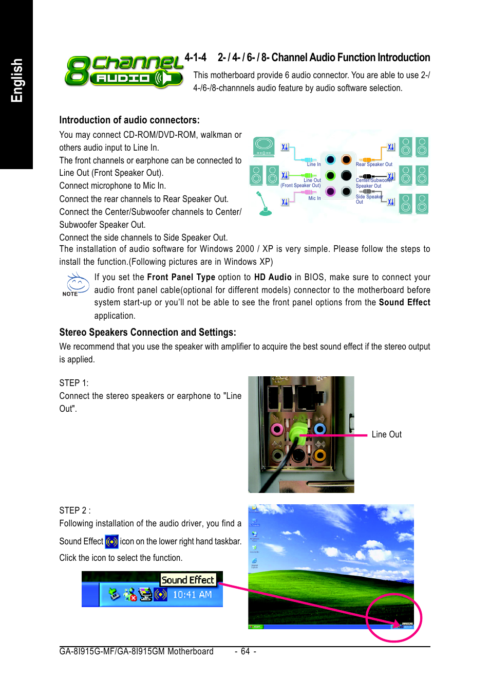 English, Stereo speakers connection and settings, Introduction of audio connectors | GIGABYTE GA-8I915G-MF User Manual | Page 64 / 80