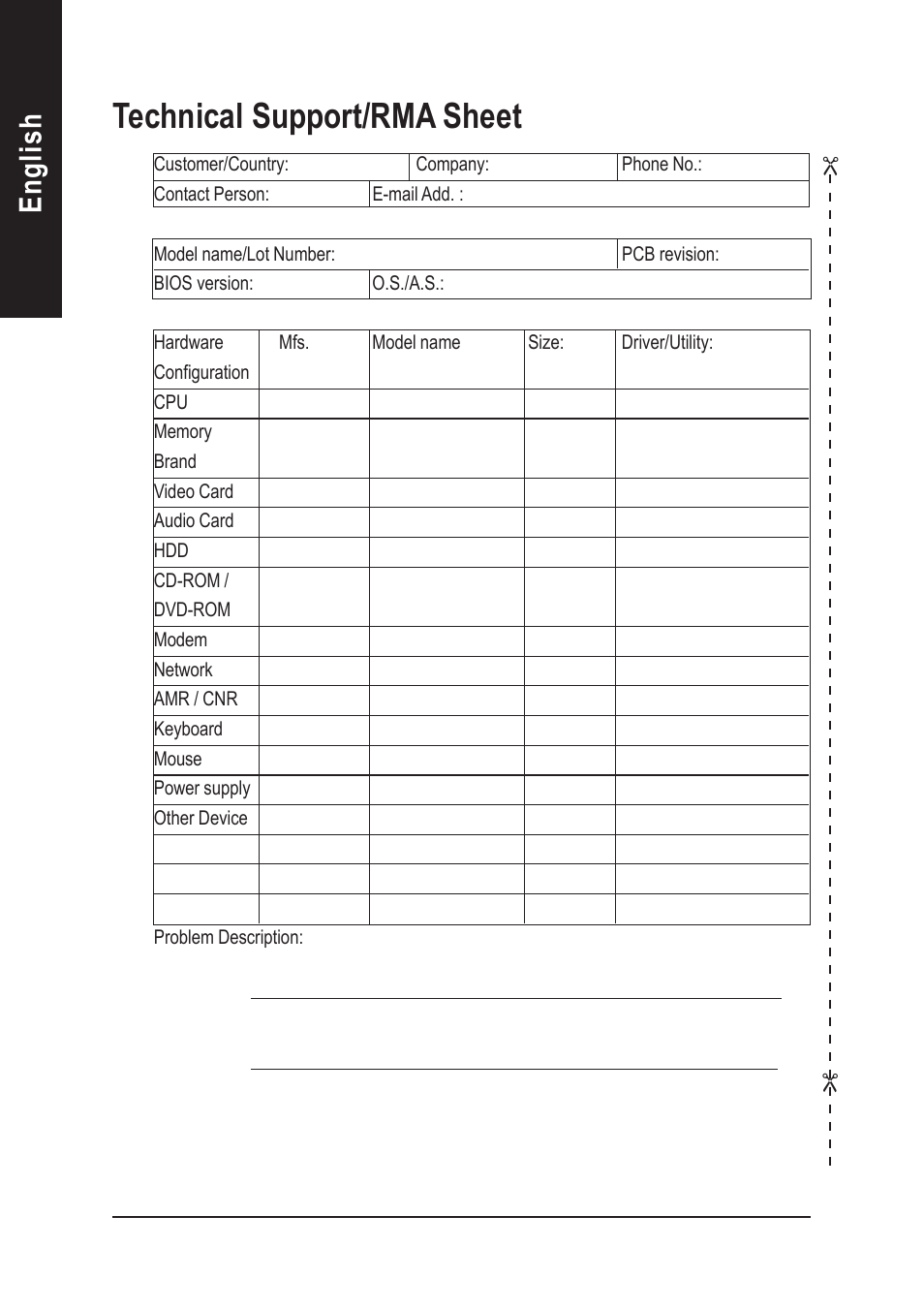 Technical support/rma sheet, English | GIGABYTE AGP 4X(1.5V) User Manual | Page 106 / 112