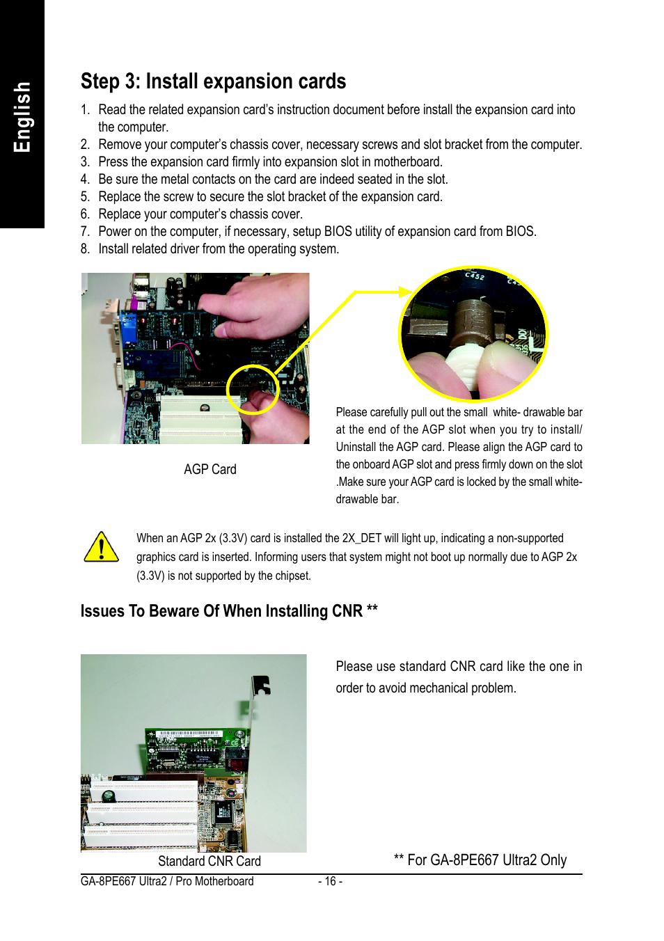 English, Step 3: install expansion cards | GIGABYTE AGP 4X(1.5V) User Manual | Page 20 / 112