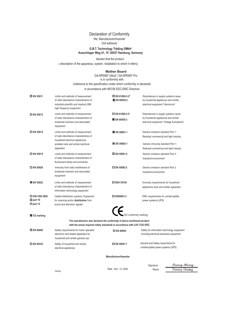Declaration of conformity, Timmy huang | GIGABYTE AGP 4X(1.5V) User Manual | Page 3 / 112