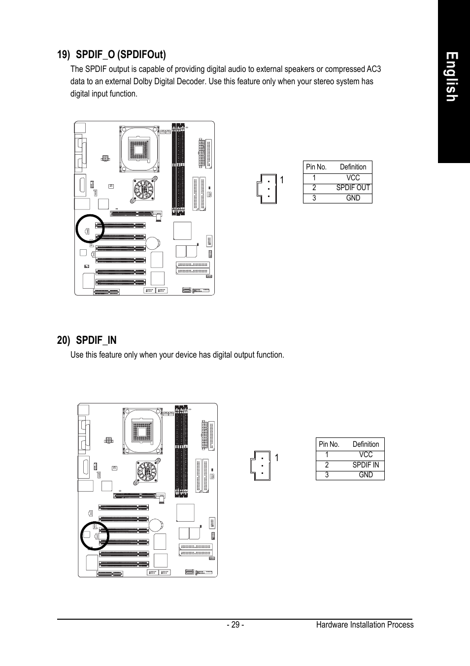 English, 19) spdif_o (spdifout), 20) spdif_in | GIGABYTE AGP 4X(1.5V) User Manual | Page 33 / 112