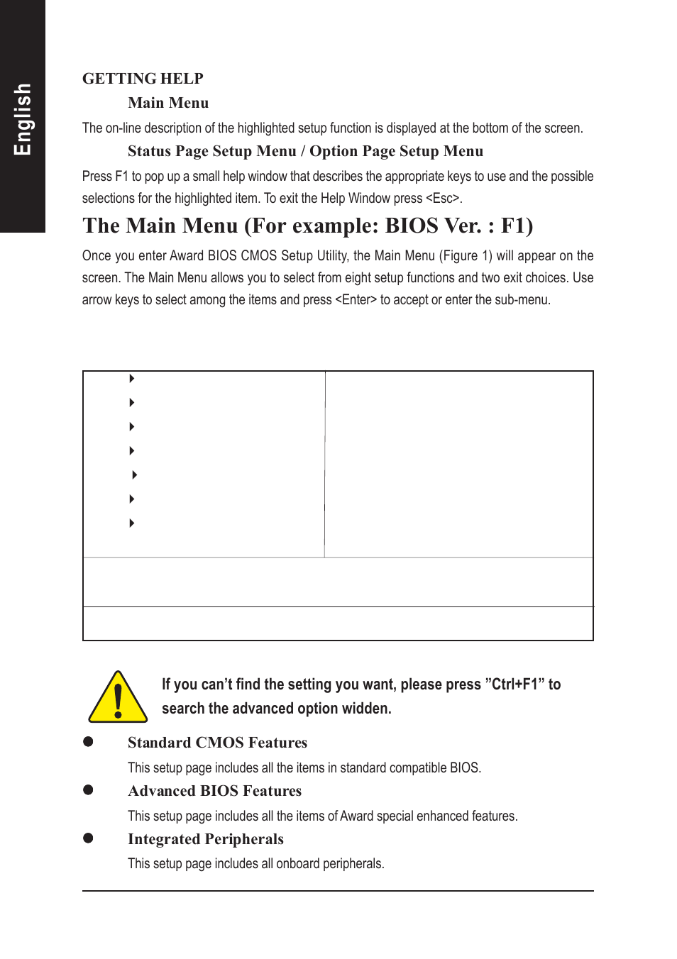 English, The main menu (for example: bios ver. : f1) | GIGABYTE AGP 4X(1.5V) User Manual | Page 40 / 112