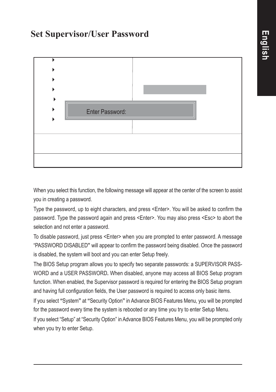 English set supervisor/user password | GIGABYTE AGP 4X(1.5V) User Manual | Page 65 / 112