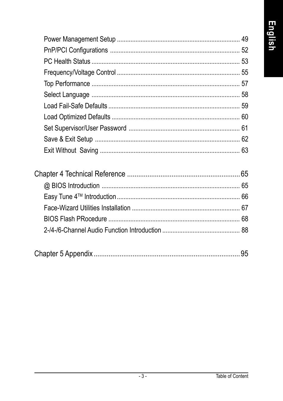 English, Chapter 4 technical reference, Chapter 5 appendix | GIGABYTE AGP 4X(1.5V) User Manual | Page 7 / 112