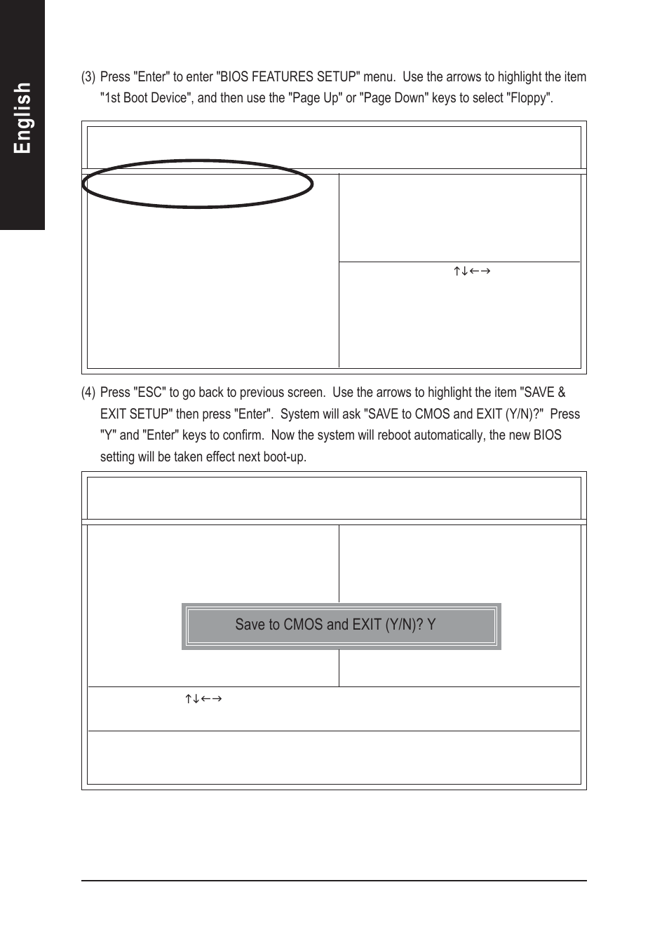 English, Save to cmos and exit (y/n)? y | GIGABYTE AGP 4X(1.5V) User Manual | Page 78 / 112