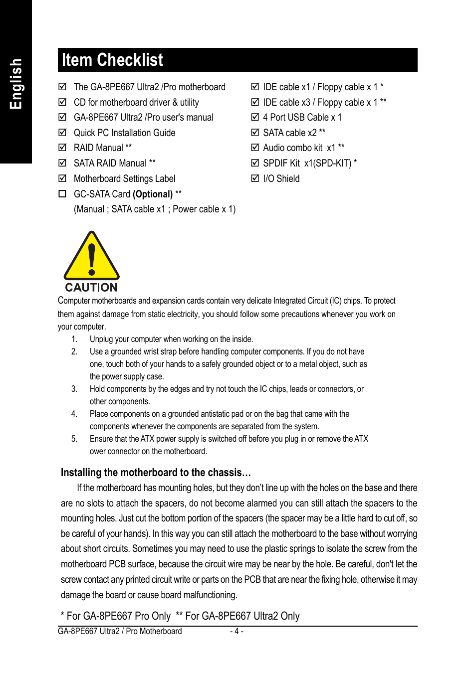 Item checklist, English | GIGABYTE AGP 4X(1.5V) User Manual | Page 8 / 112
