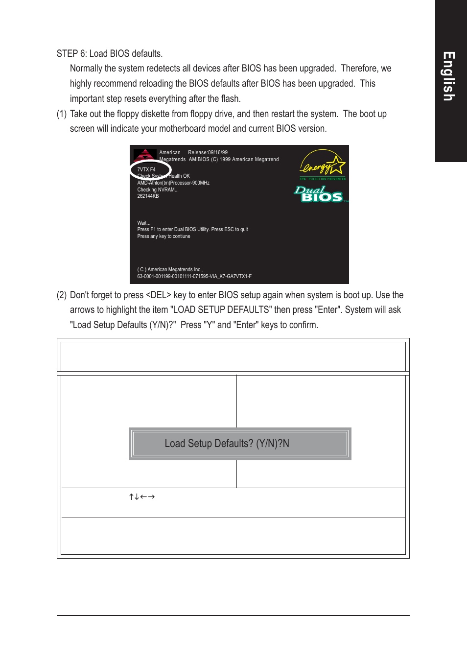 English, Load setup defaults? (y/n)?n | GIGABYTE AGP 4X(1.5V) User Manual | Page 81 / 112