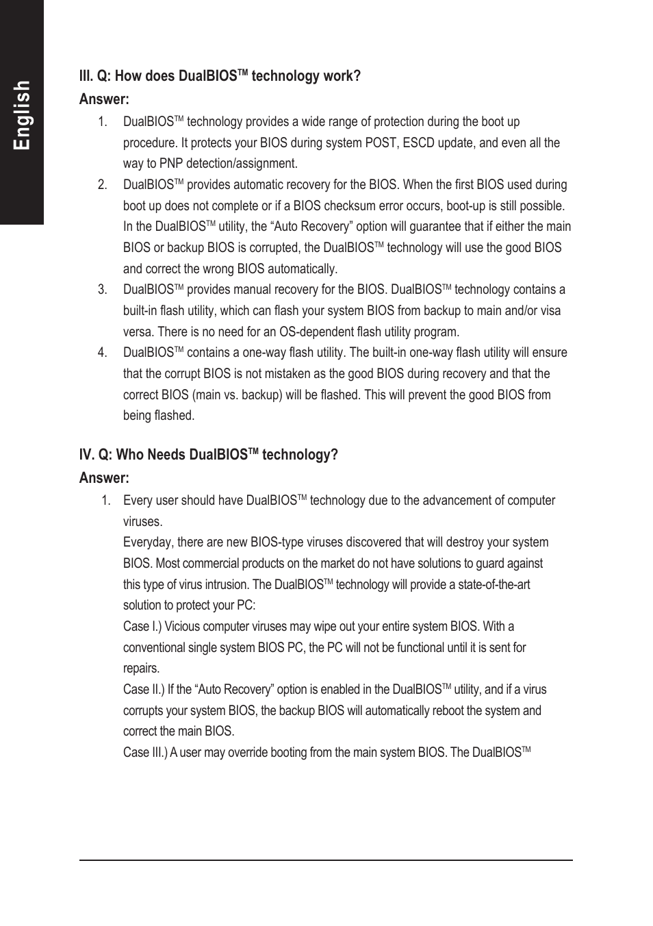 English, Iv. q: who needs dualbios, Technology? answer | Iii. q: how does dualbios, Technology work? answer | GIGABYTE AGP 4X(1.5V) User Manual | Page 88 / 112