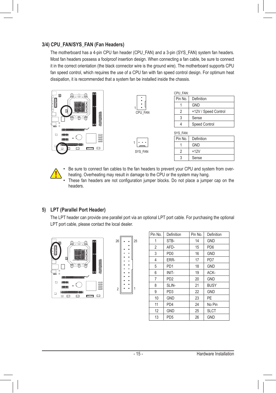 3/4) cpu_fan/sys_fan (fan headers), 5) lpt (parallel port header) | GIGABYTE GA-M68MT-S2P User Manual | Page 15 / 40