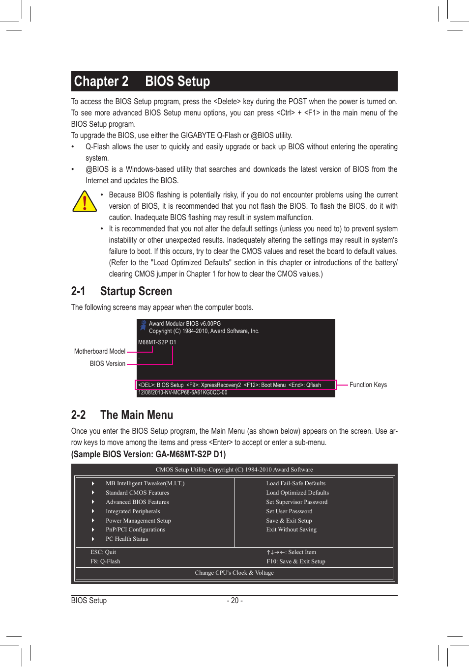 Chapter 2 bios setup, 1 startup screen, 2 the main menu | Sample bios version: ga-m68mt-s2p d1) | GIGABYTE GA-M68MT-S2P User Manual | Page 20 / 40