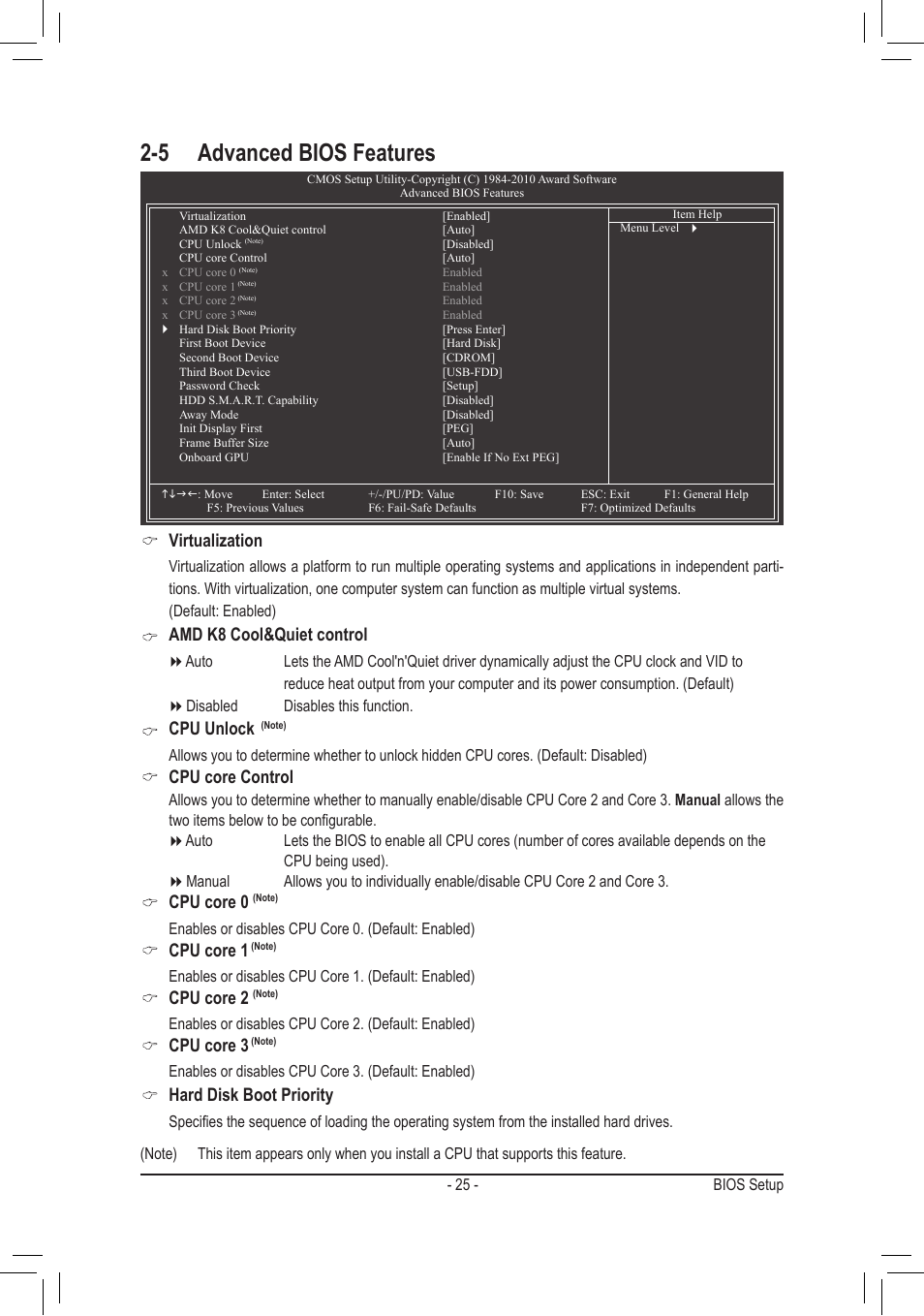 5 advanced bios features, Virtualization, Amd k8 cool&quiet control | Cpu unlock, Cpu core control, Cpu core 0, Cpu core 1, Cpu core 2, Cpu core 3, Hard disk boot priority | GIGABYTE GA-M68MT-S2P User Manual | Page 25 / 40