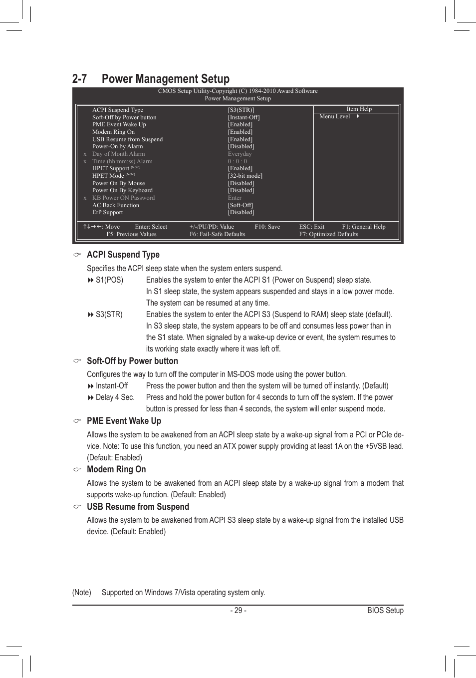 7 power management setup, Acpi suspend type, Soft-off by power button | Pme event wake up, Modem ring on, Usb resume from suspend | GIGABYTE GA-M68MT-S2P User Manual | Page 29 / 40