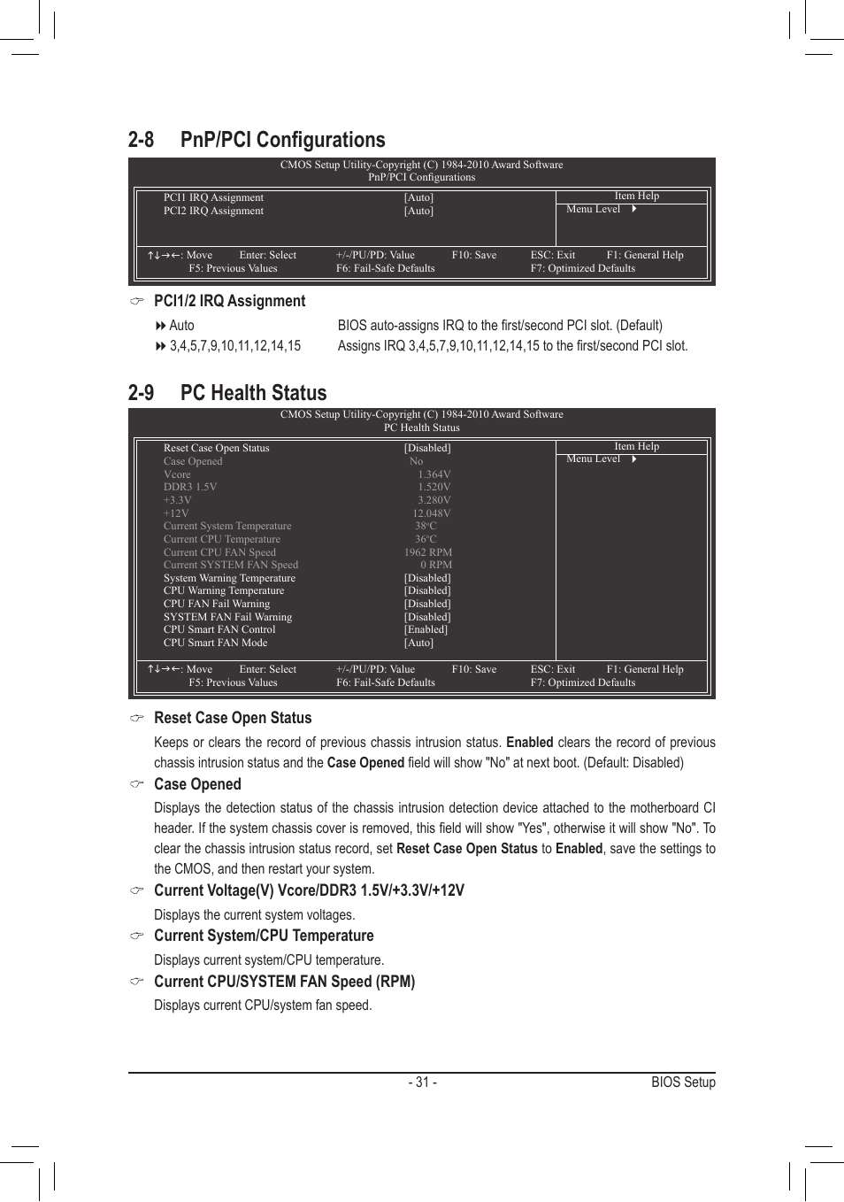 8 pnp/pci configurations, 9 pc health status, Pci1/2 irq assignment | Reset case open status, Case opened, Current system/cpu temperature, Current cpu/system fan speed (rpm) | GIGABYTE GA-M68MT-S2P User Manual | Page 31 / 40
