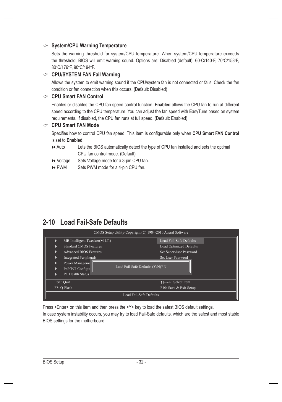 10 load fail-safe defaults, System/cpu warning temperature, Cpu/system fan fail warning | Cpu smart fan control, Cpu smart fan mode | GIGABYTE GA-M68MT-S2P User Manual | Page 32 / 40