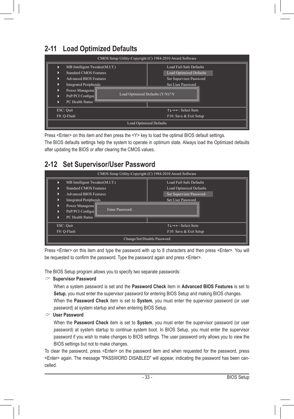 11 load optimized defaults, 12 set supervisor/user password | GIGABYTE GA-M68MT-S2P User Manual | Page 33 / 40