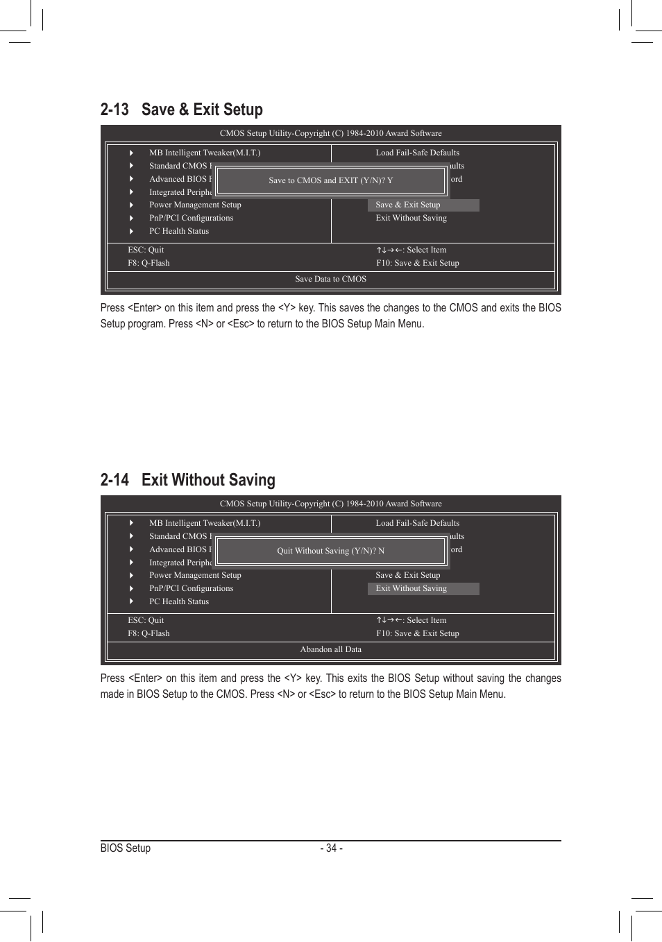 13 save & exit setup, 14 exit without saving | GIGABYTE GA-M68MT-S2P User Manual | Page 34 / 40