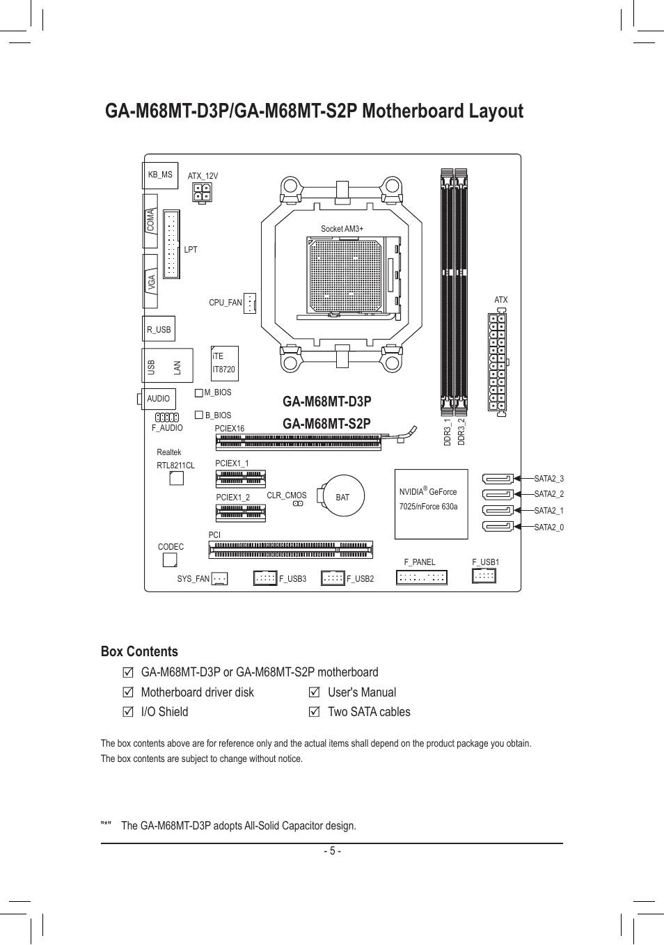 Ga-m68mt-d3p/ga-m68mt-s2p motherboard layout, Box contents | GIGABYTE GA-M68MT-S2P User Manual | Page 5 / 40