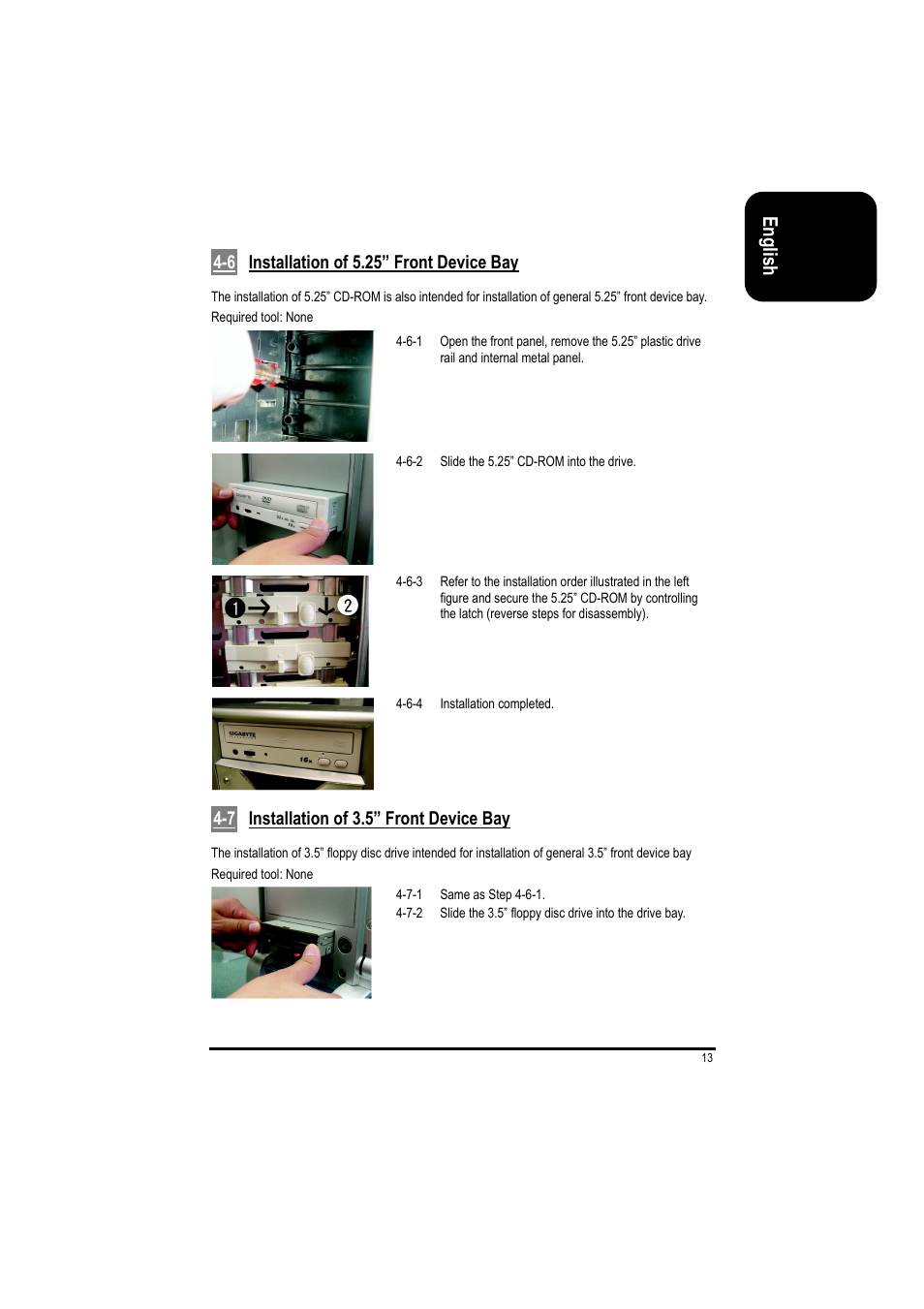 English, 6 installation of 5.25” front device bay, 7 installation of 3.5” front device bay | GIGABYTE GZ-FSCA1-AN User Manual | Page 13 / 18