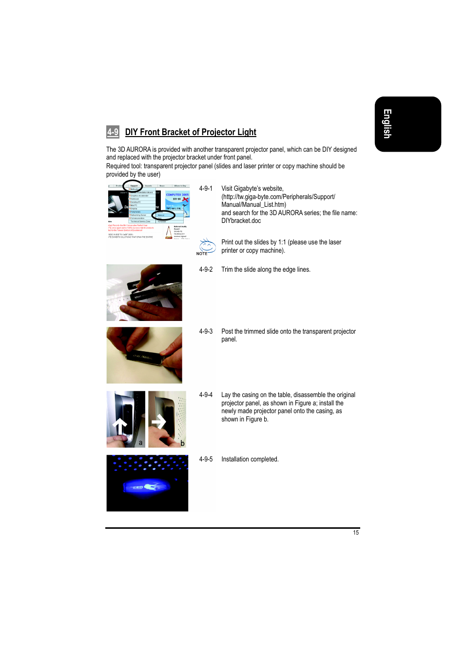 English, 9 diy front bracket of projector light | GIGABYTE GZ-FSCA1-AN User Manual | Page 15 / 18