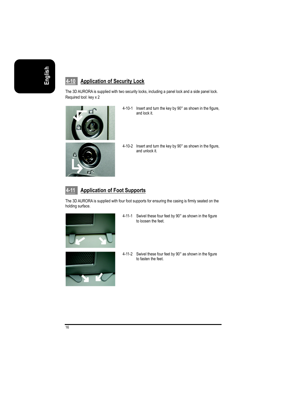 English, 10 application of security lock, 11 application of foot supports | GIGABYTE GZ-FSCA1-AN User Manual | Page 16 / 18