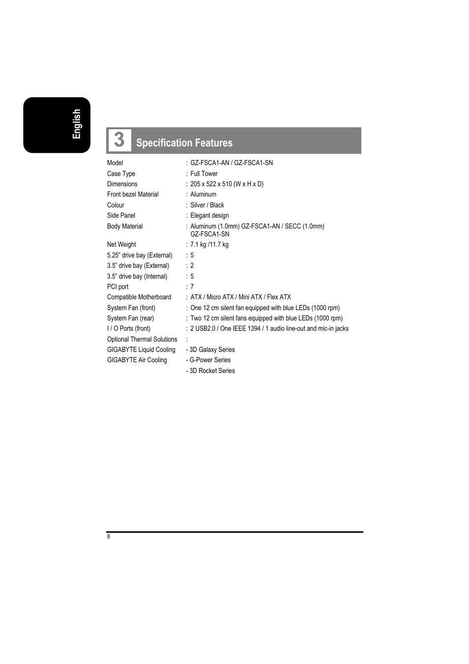 Specification features, English | GIGABYTE GZ-FSCA1-AN User Manual | Page 8 / 18