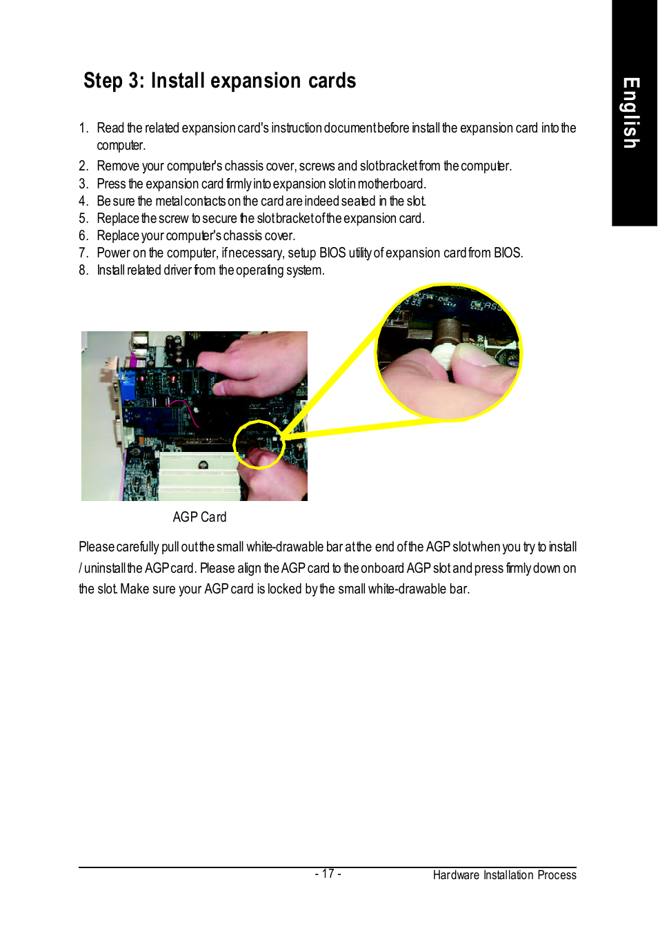 English, Step 3: install expansion cards | GIGABYTE GA-K8VM800M User Manual | Page 17 / 96