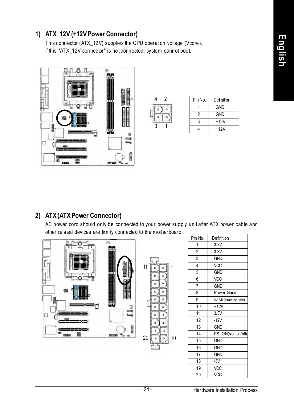 English, 2) atx (atx power connector) | GIGABYTE GA-K8VM800M User Manual | Page 21 / 96