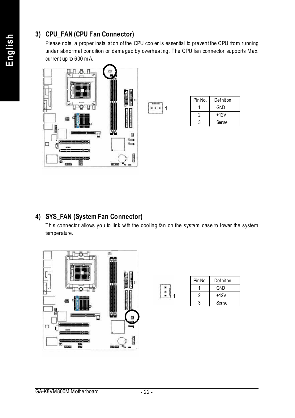 English, 3) cpu_fan (cpu fan connector), 4) sys_fan (system fan connector) | GIGABYTE GA-K8VM800M User Manual | Page 22 / 96