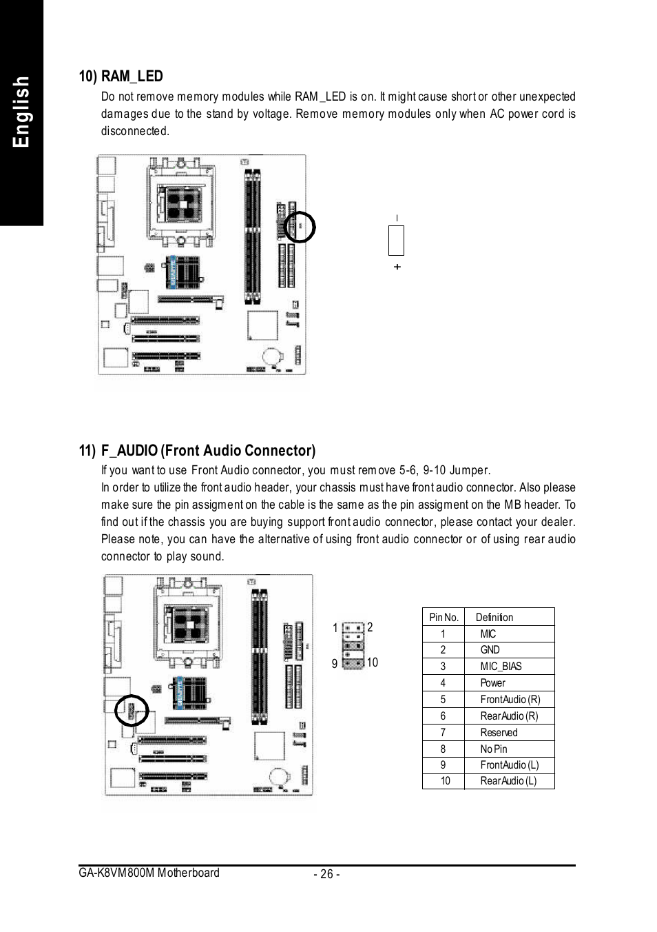 English, 10) ram_led, 11) f_audio (front audio connector) | GIGABYTE GA-K8VM800M User Manual | Page 26 / 96