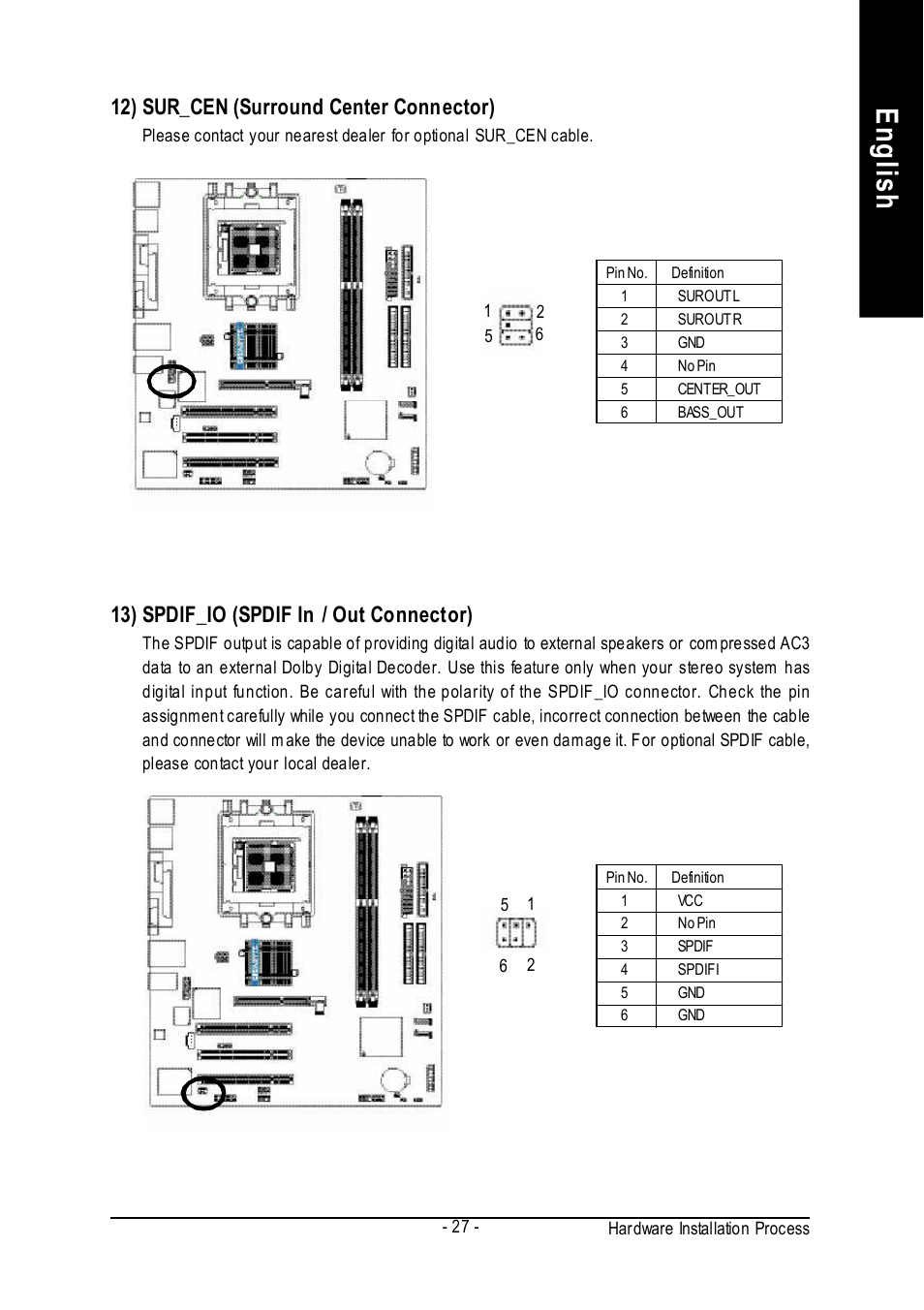 English, 12) sur_cen (surround center connector), 13) spdif_io (spdif in / out connector) | GIGABYTE GA-K8VM800M User Manual | Page 27 / 96
