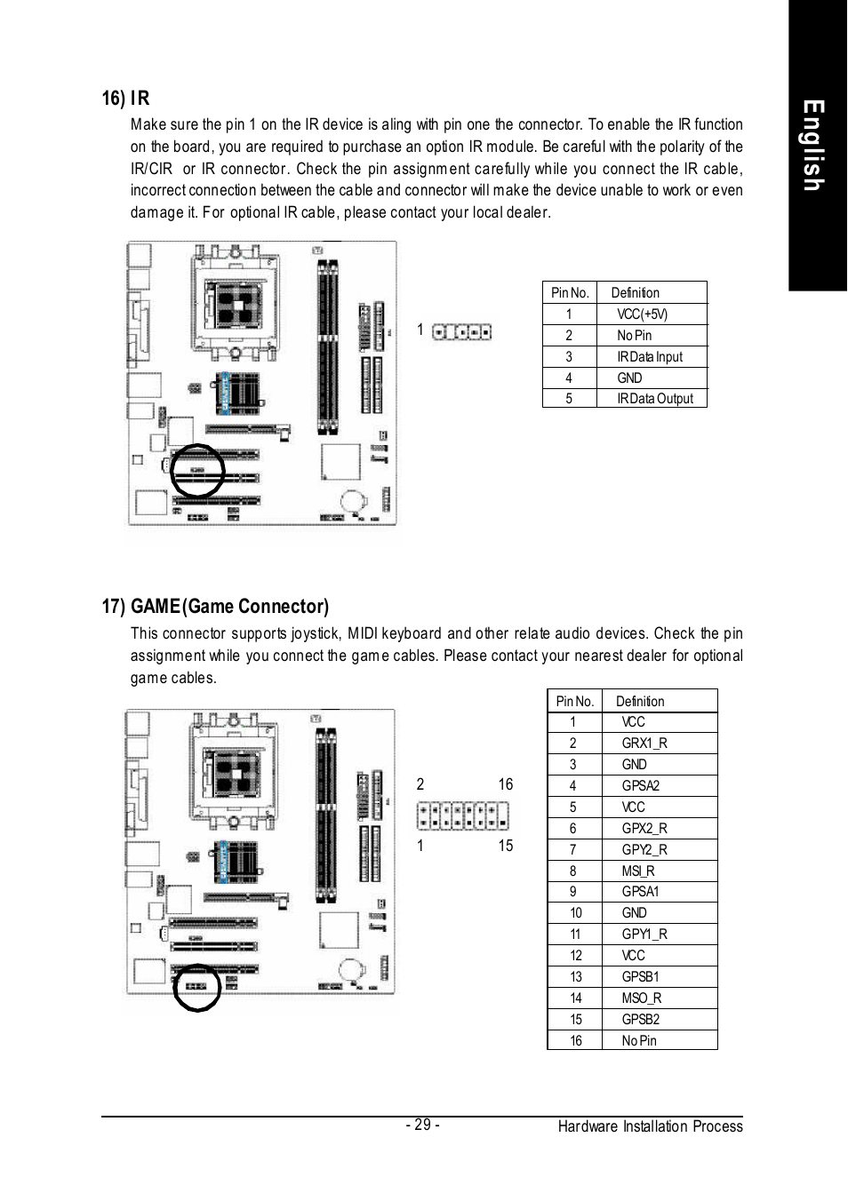 English, 16) ir, 17) game (game connector) | GIGABYTE GA-K8VM800M User Manual | Page 29 / 96
