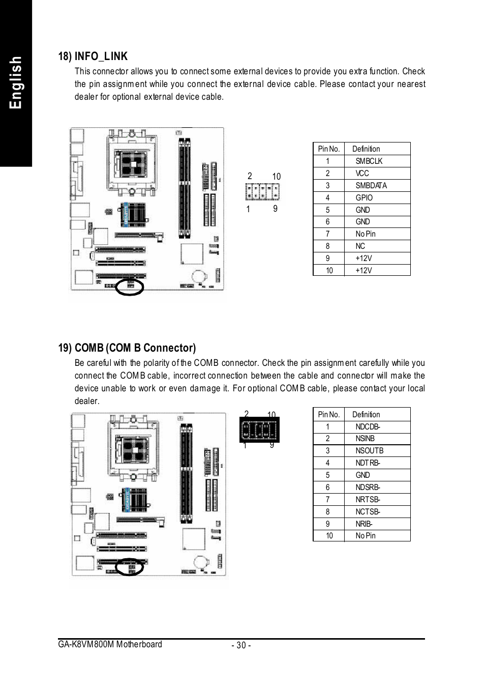 English, 18) info_link, 19) comb (com b connector) | GIGABYTE GA-K8VM800M User Manual | Page 30 / 96