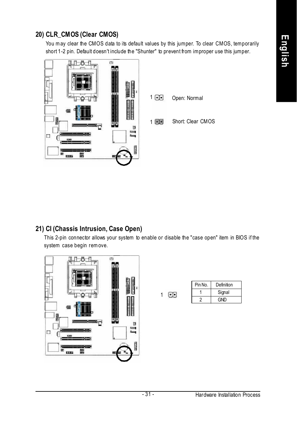 English, 21) ci (chassis intrusion, case open), 20) clr_cmos (clear cmos) | GIGABYTE GA-K8VM800M User Manual | Page 31 / 96