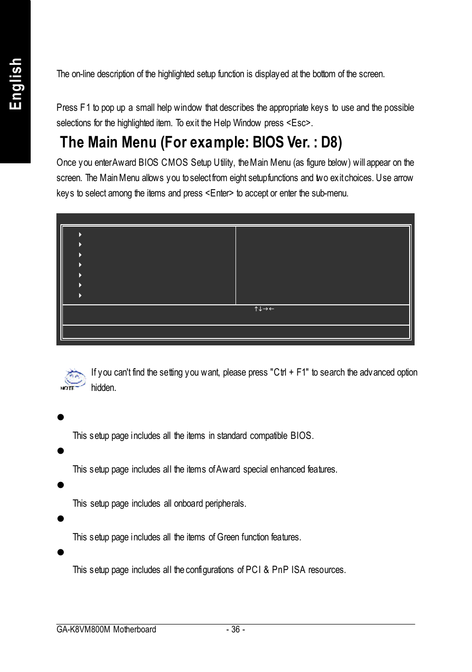 English, The main menu (for example: bios ver. : d8), L standard cmos features | L advanced bios features, L integrated peripherals, L power manag ement setup, L pnp/pci configurations, Main menu, Status page setup menu / option page se tup menu | GIGABYTE GA-K8VM800M User Manual | Page 36 / 96