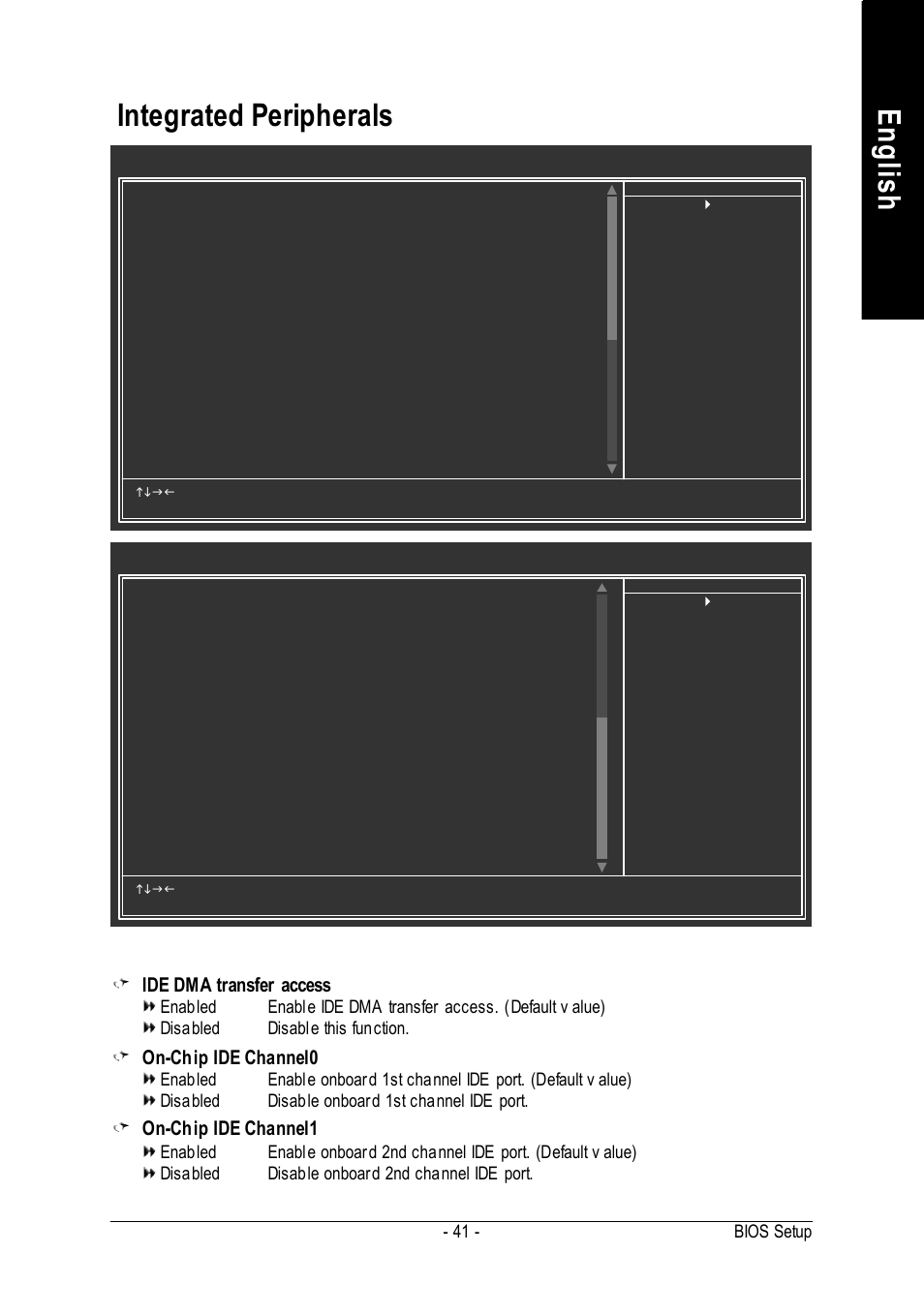 English, Integrated peripherals, Ide dma transfer access | On-chip ide channel0, On-chip ide channel1, Bios setup | GIGABYTE GA-K8VM800M User Manual | Page 41 / 96