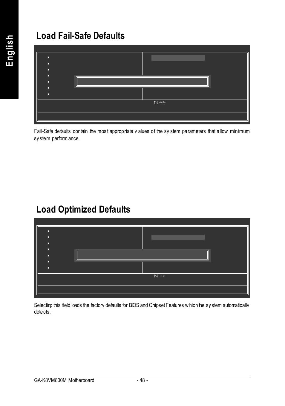 English, Load fail-safe defaults, Load optimized defaults | GIGABYTE GA-K8VM800M User Manual | Page 48 / 96