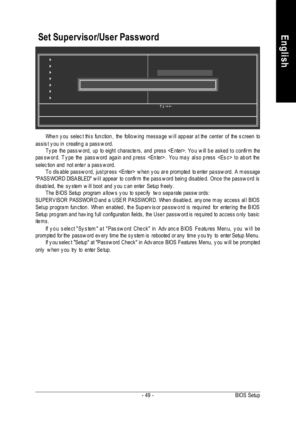 English, Set supervisor/user password | GIGABYTE GA-K8VM800M User Manual | Page 49 / 96