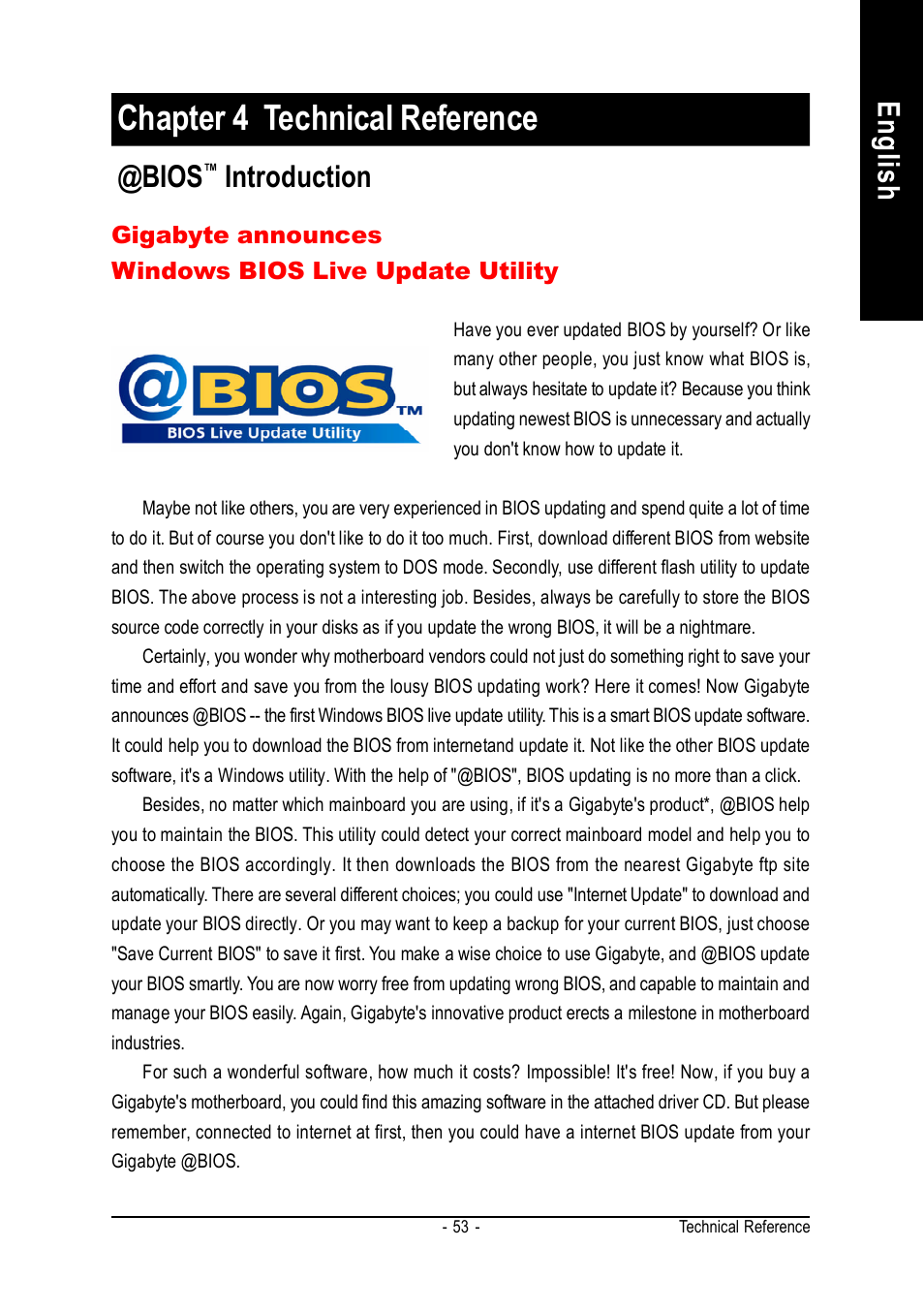 Chapter 4 technical reference, English @bios, Introduction | GIGABYTE GA-K8VM800M User Manual | Page 53 / 96