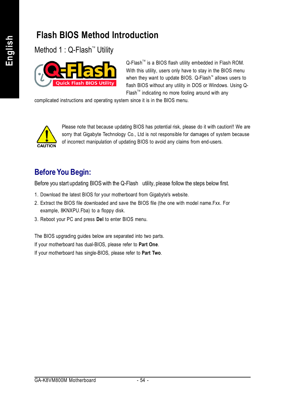 English flash bios method introduction, Before you begin, Method 1 : q-flash | Utility | GIGABYTE GA-K8VM800M User Manual | Page 54 / 96