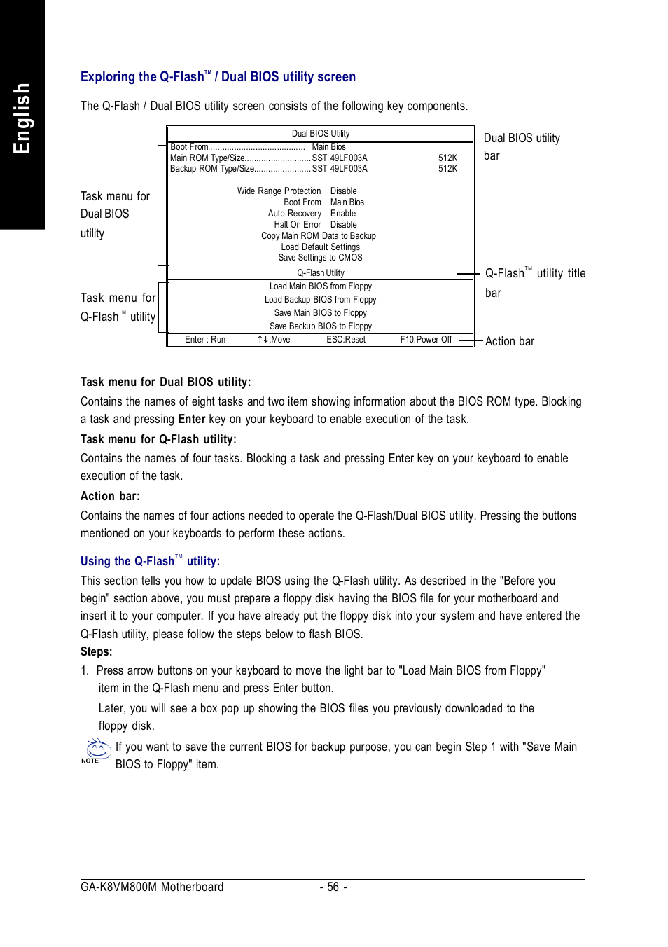 English, Exploring the q-flash, Dual bios utility screen | GIGABYTE GA-K8VM800M User Manual | Page 56 / 96