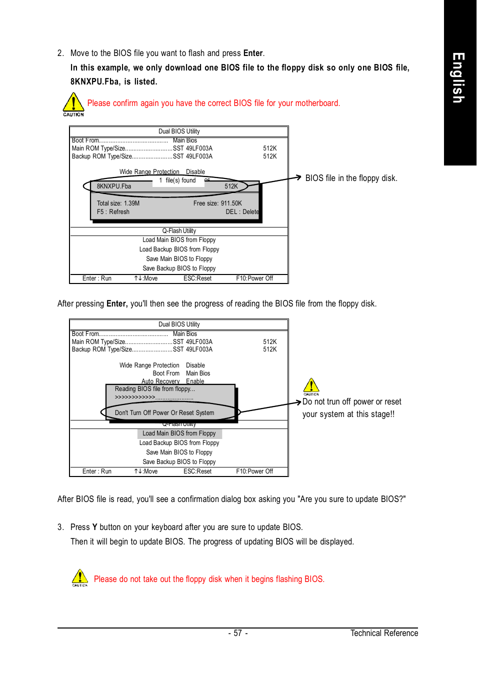 English, Technical reference - 57, Bios file in the floppy disk | GIGABYTE GA-K8VM800M User Manual | Page 57 / 96