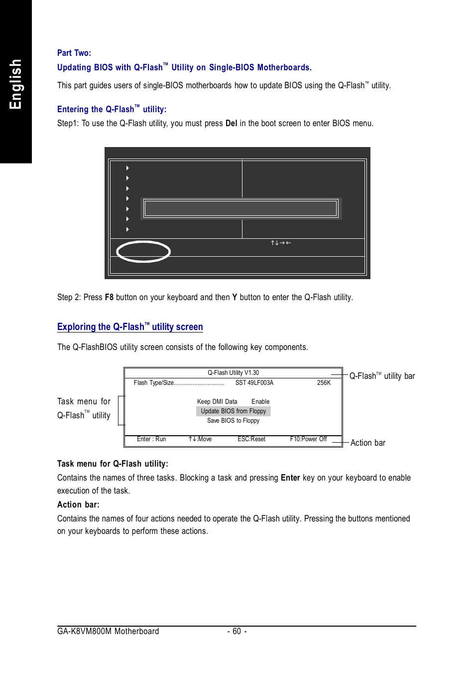 English, Exploring the q-flash, Utility screen | Part two: updating bios with q-flash, Utility. entering the q-flash, Q-flash, Utility bar action bar task menu for q-flash, Utility | GIGABYTE GA-K8VM800M User Manual | Page 60 / 96