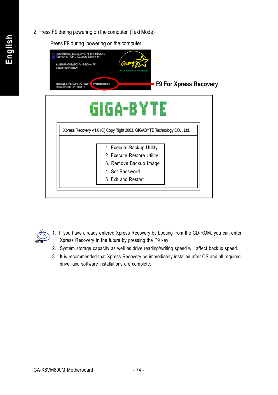 English, F9 for xpress recovery | GIGABYTE GA-K8VM800M User Manual | Page 74 / 96