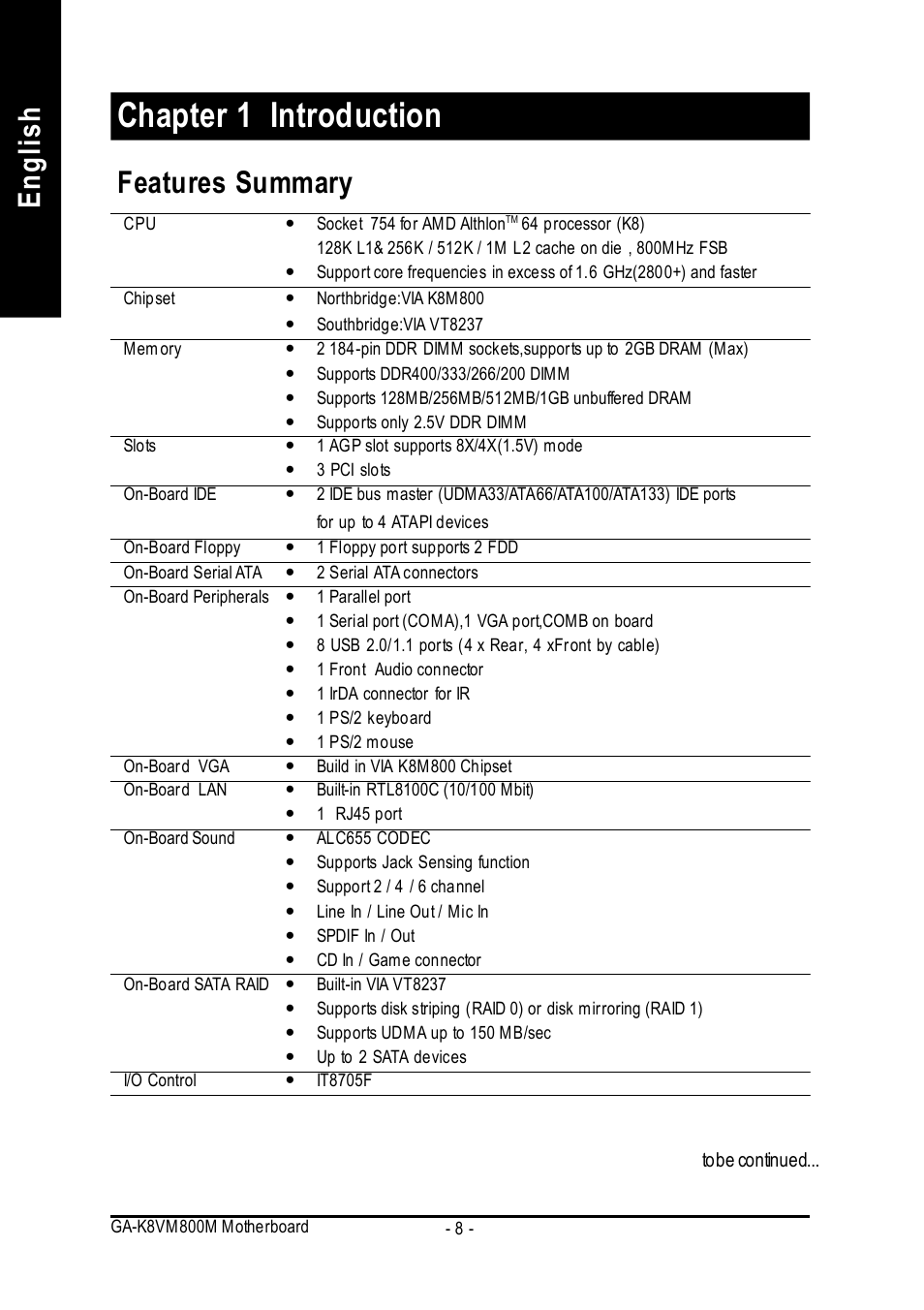 Chapter 1 introduction, English, Features summary | GIGABYTE GA-K8VM800M User Manual | Page 8 / 96