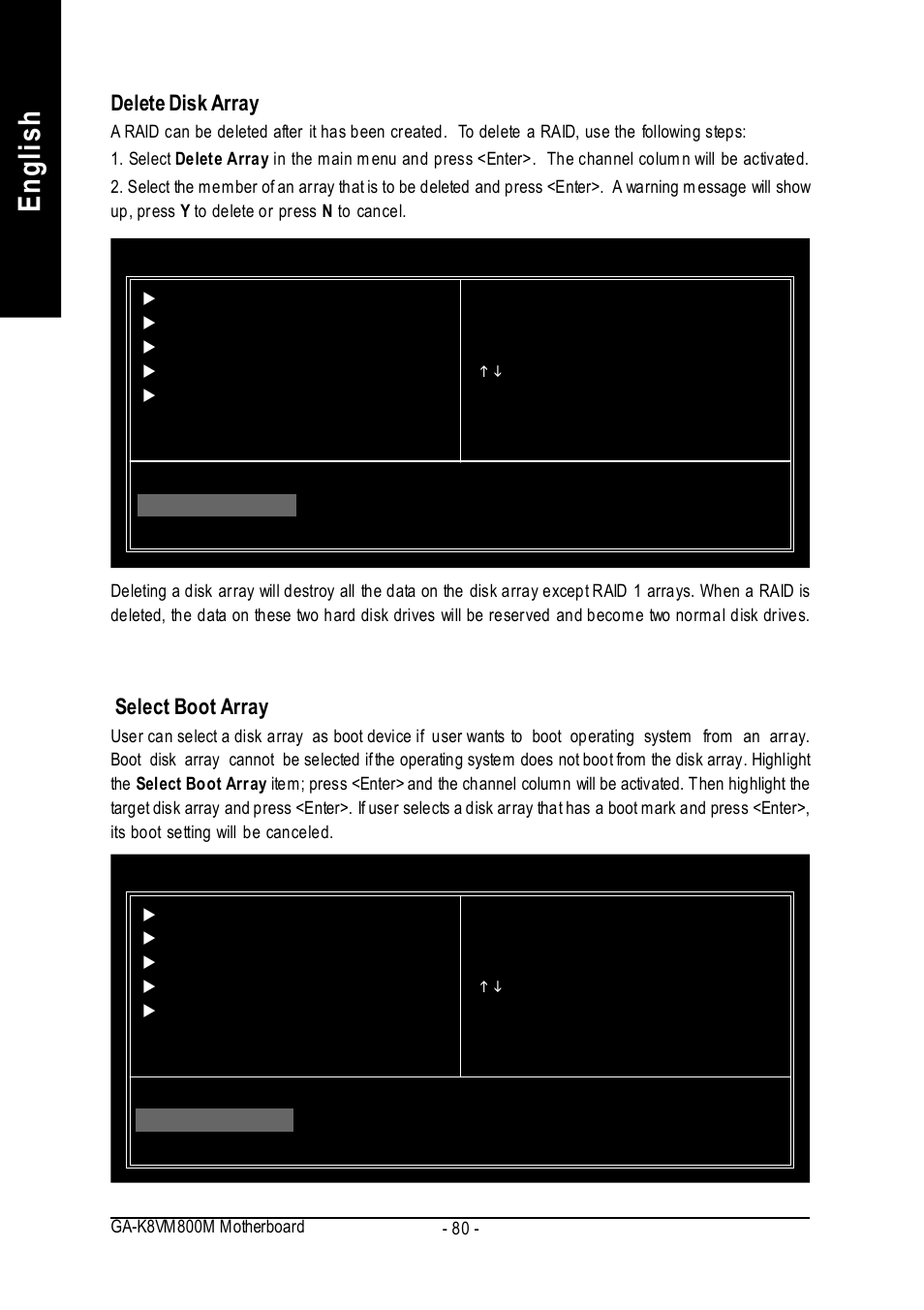 English, Delete disk array, Select boot array | GIGABYTE GA-K8VM800M User Manual | Page 80 / 96