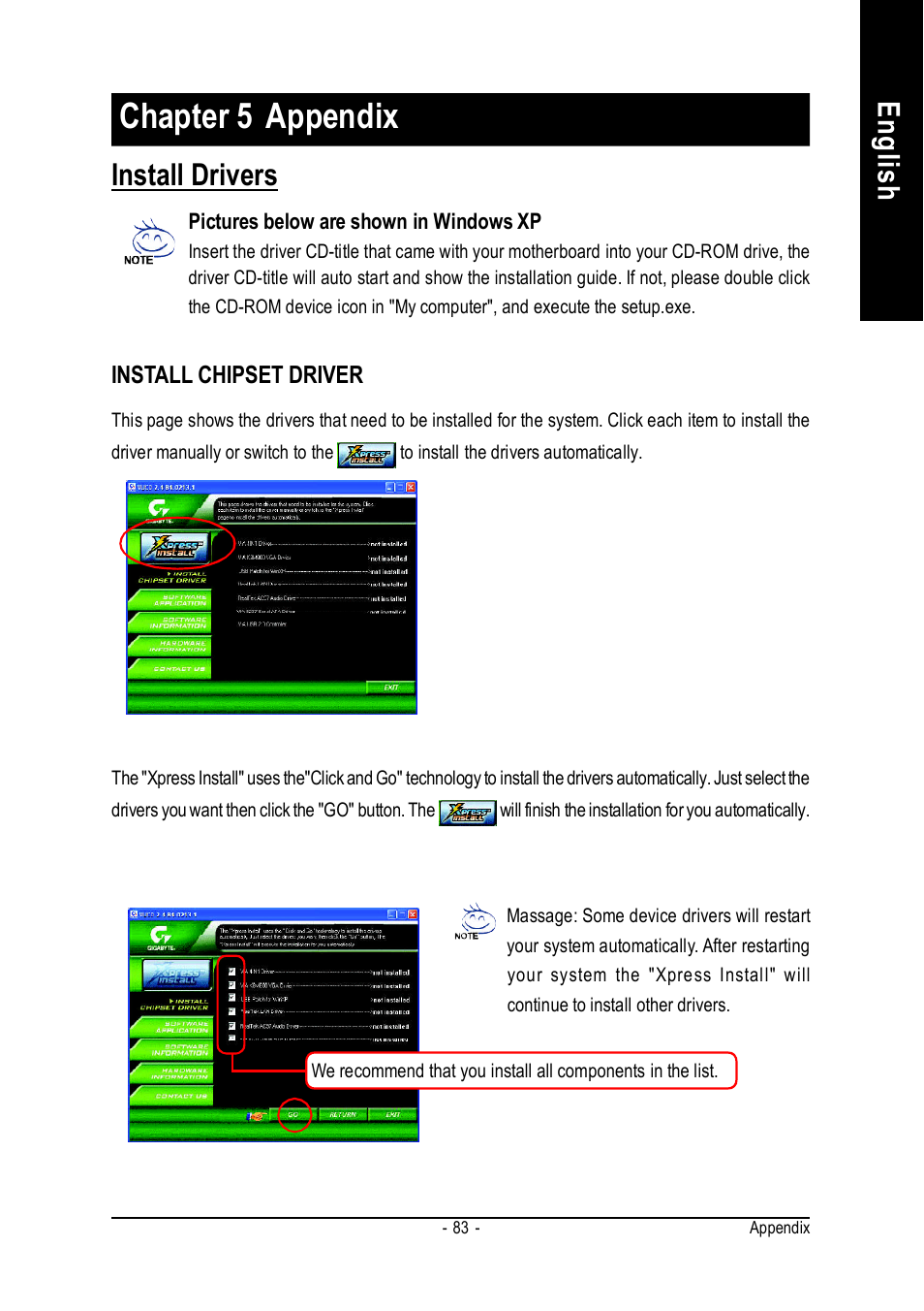 Chapter 5 appendix, English revision history, Install drivers | GIGABYTE GA-K8VM800M User Manual | Page 83 / 96