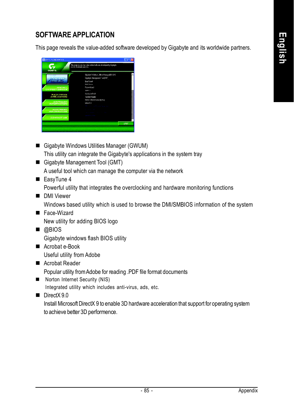 English, Software application | GIGABYTE GA-K8VM800M User Manual | Page 85 / 96