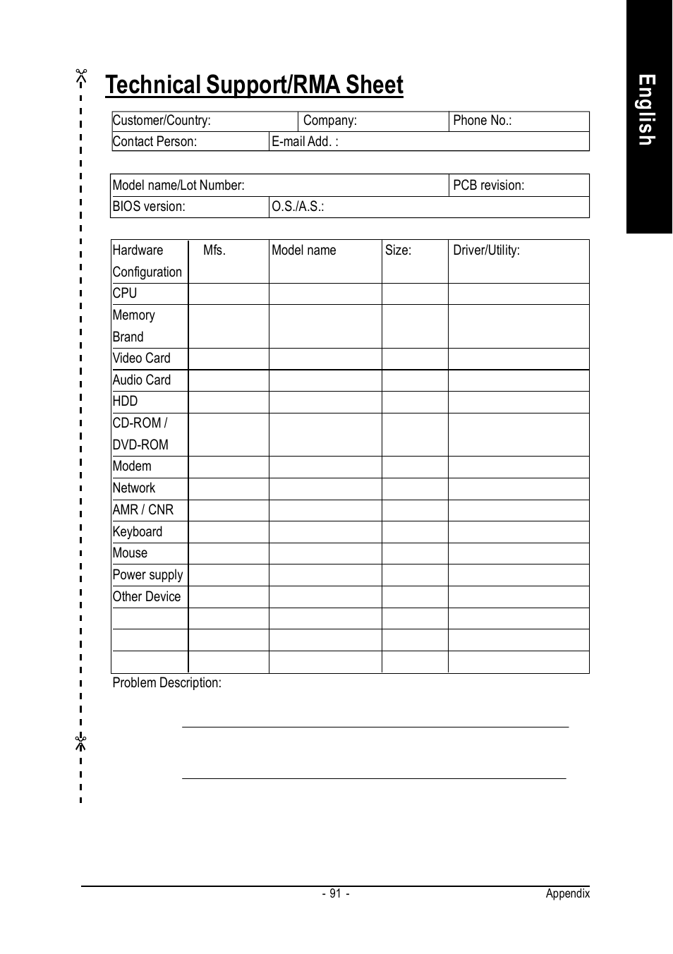 Technical support/rma sheet, English | GIGABYTE GA-K8VM800M User Manual | Page 91 / 96