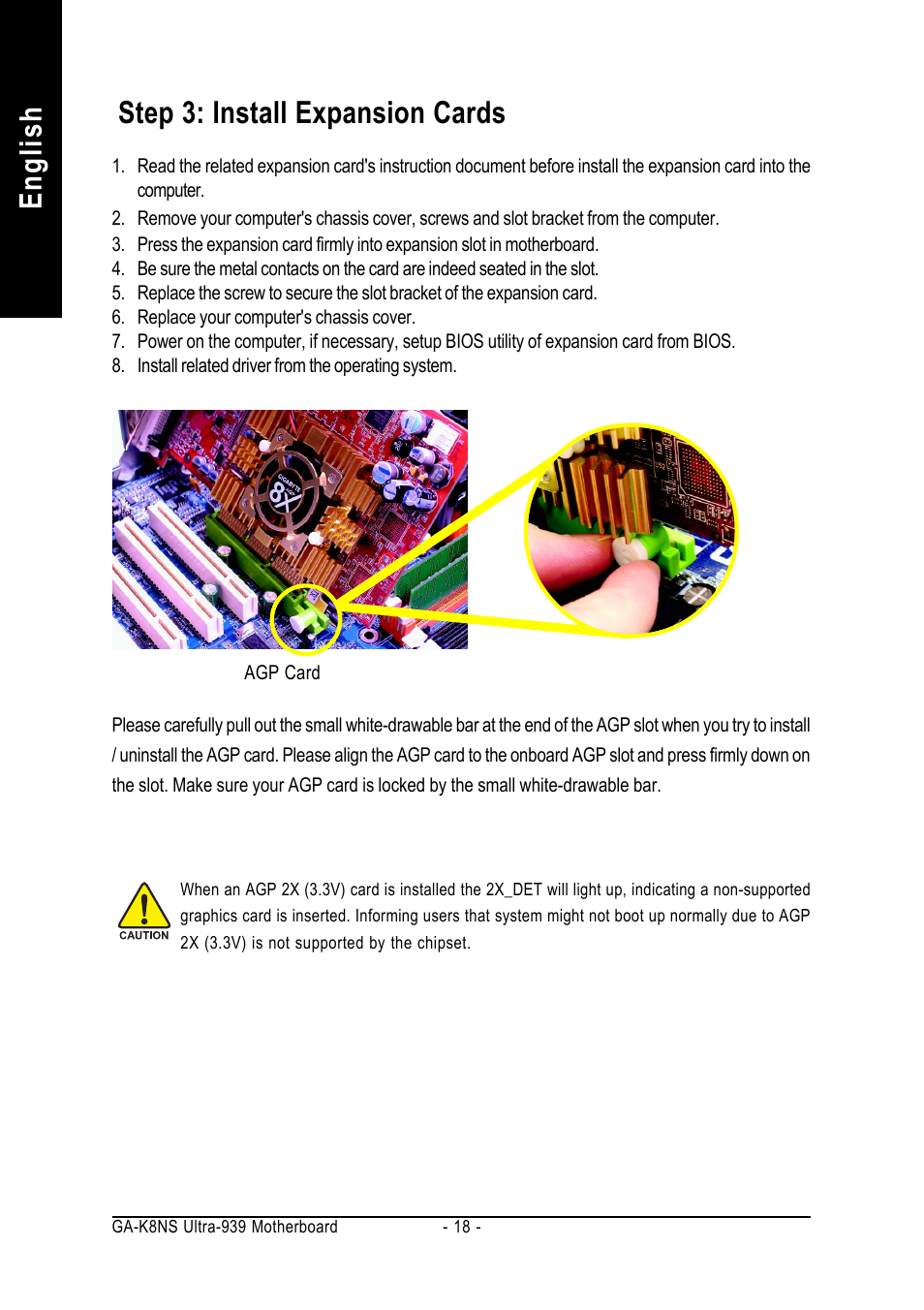 English step 3: install expansion cards | GIGABYTE GA-K8NS ULTRA-939 User Manual | Page 18 / 96