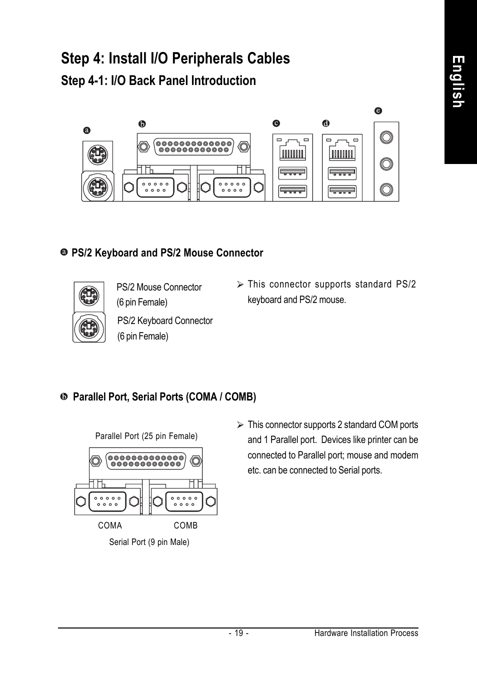 English, Step 4: install i/o peripherals cables, Step 4-1: i/o back panel introduction | GIGABYTE GA-K8NS ULTRA-939 User Manual | Page 19 / 96